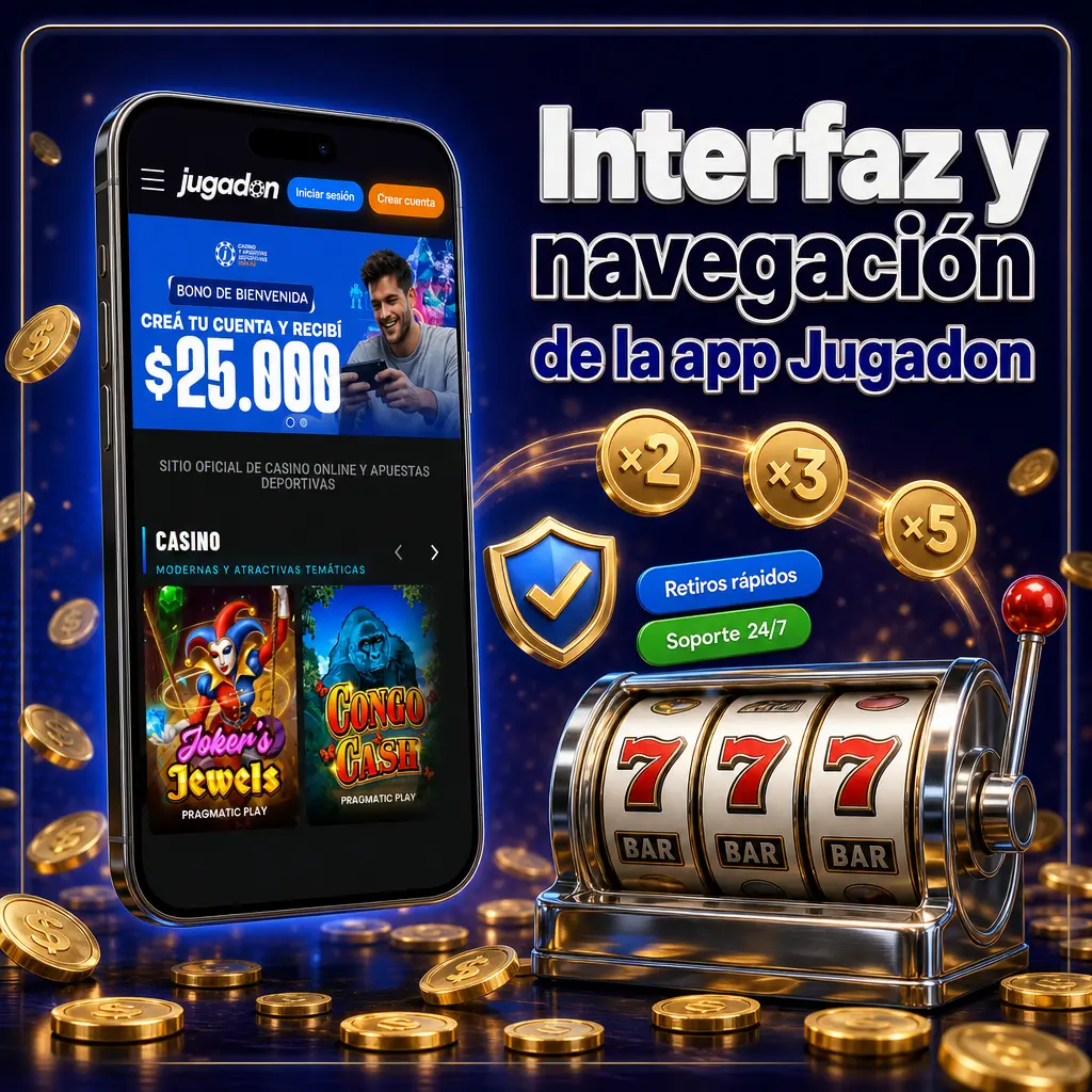 Interfaz de la app Jugadon con pestañas de Sportsbook, Casino, Casino en Vivo y Mi Cuenta en el menú inferior