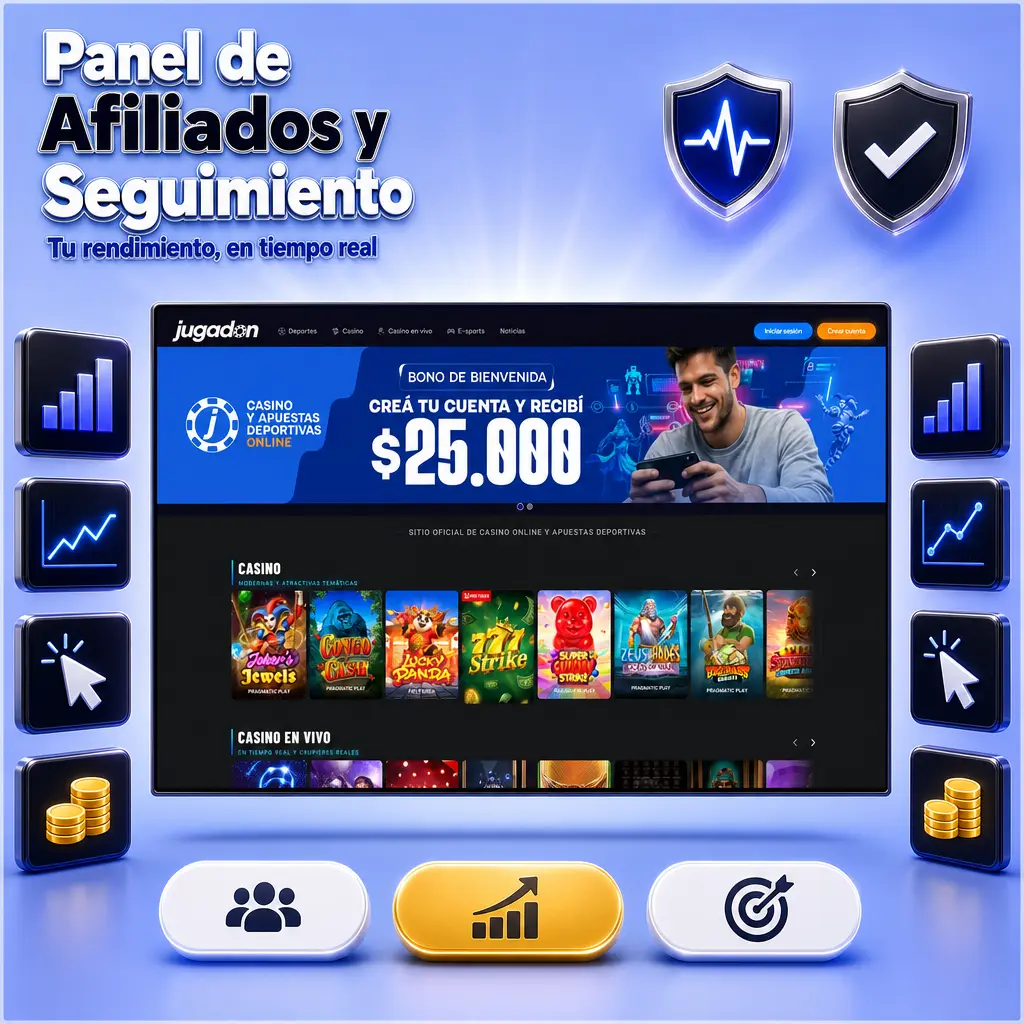 Panel de afiliados de Jugadon con estadísticas en vivo de clics, registros, depósitos y comisiones por enlace