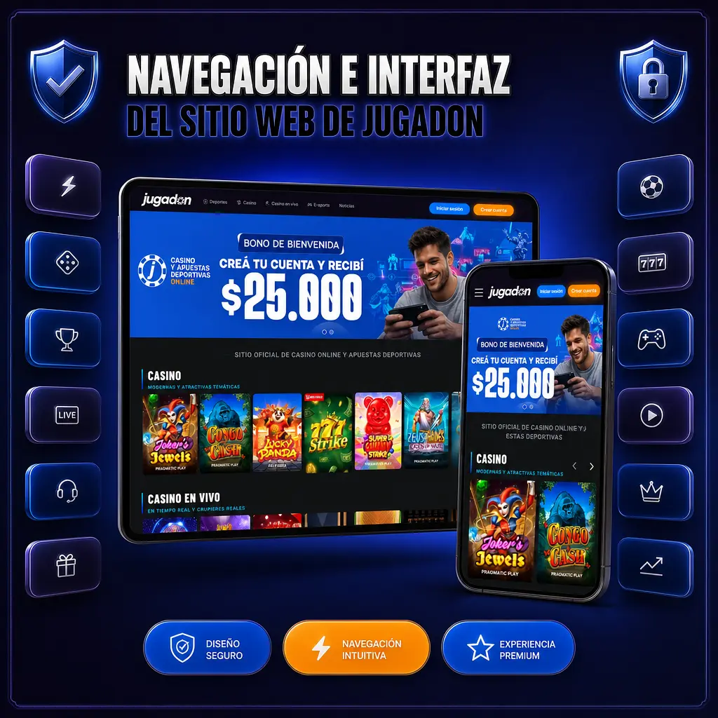 Barra de navegación de Jugadon con acceso a Deportes, En Vivo, Casino, Promociones, saldo y botón de depósito