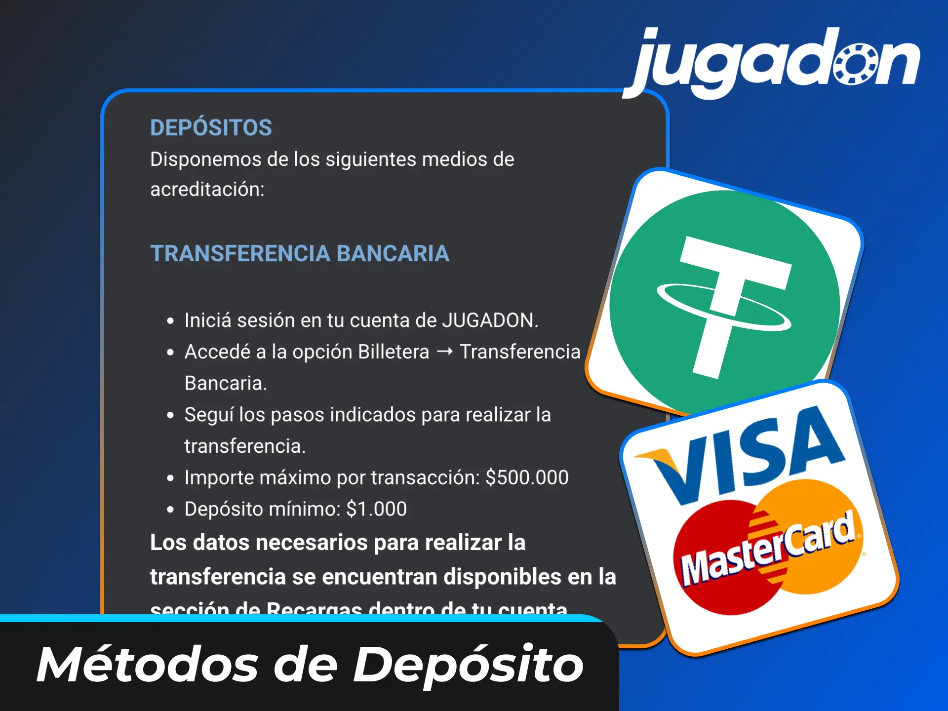 Elegí tu medio de pago favorito para cargar o retirar dinero en Jugadon.