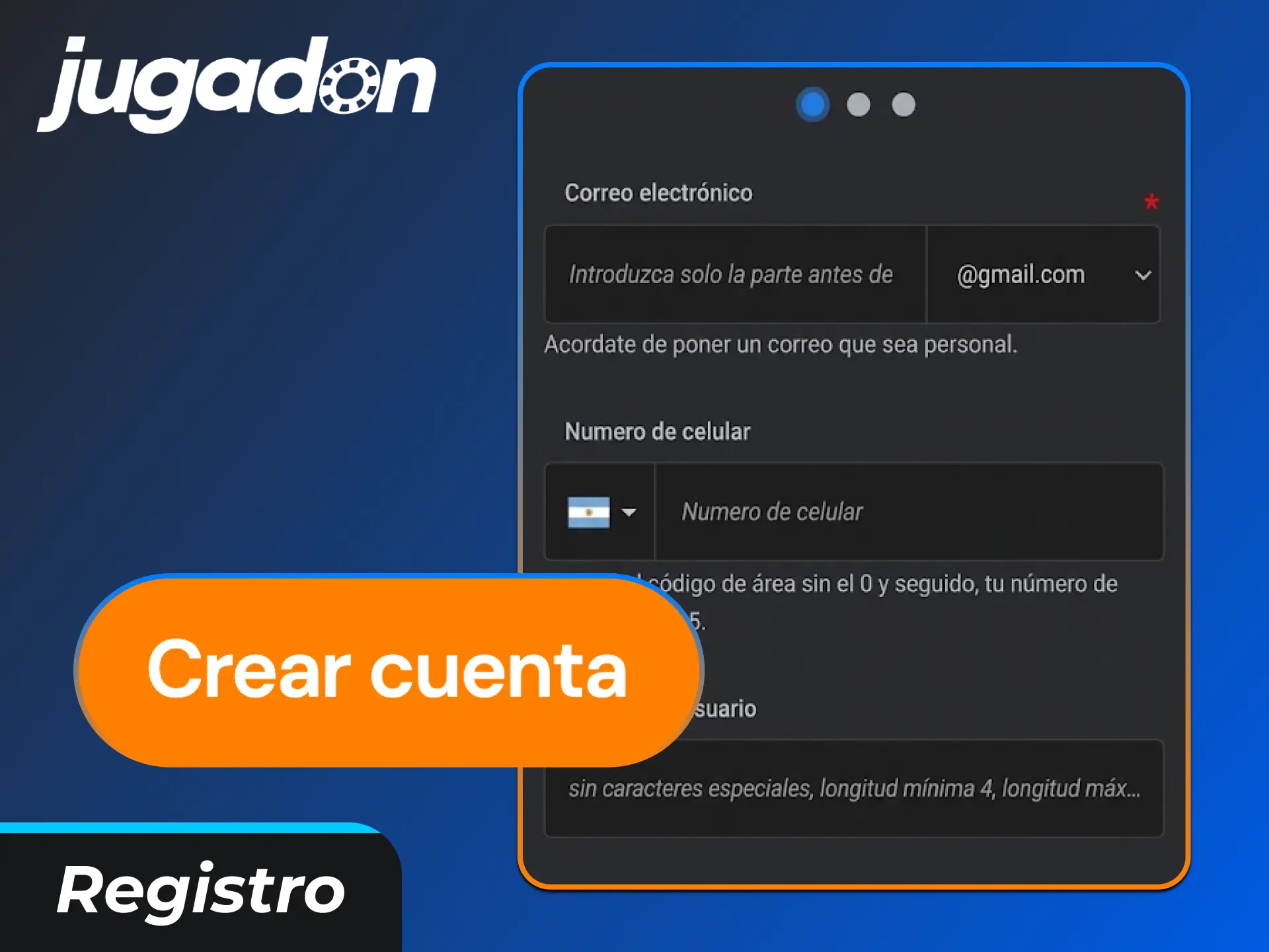 Completá el formulario de registro y configurá tu cuenta en Jugadon.