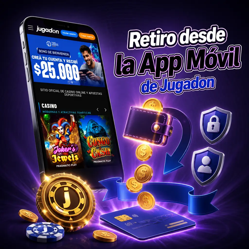 Captura de la app móvil de Jugadon mostrando la opción "Retirar" en el menú principal para solicitar un retiro